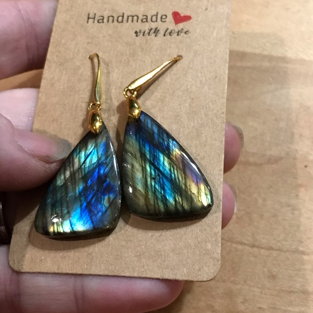 Outstanding Flashy “Butterfly Wings” Labradorite 14K Plated Earrings - Picture 1 of 3